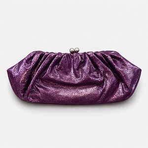 Purple Faux Leather Evening Clutch Bag – Ruched Kiss Lock Purse